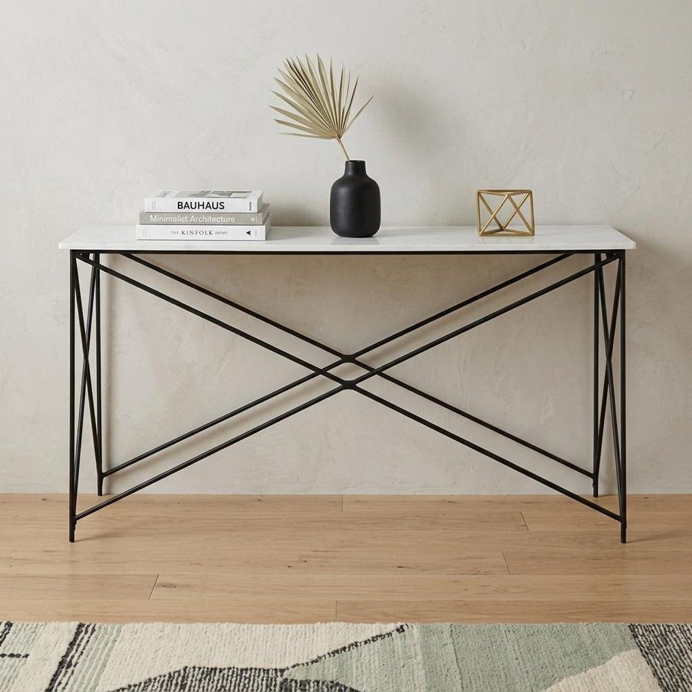 59" White and Black Genuine Marble and Metal Console Table