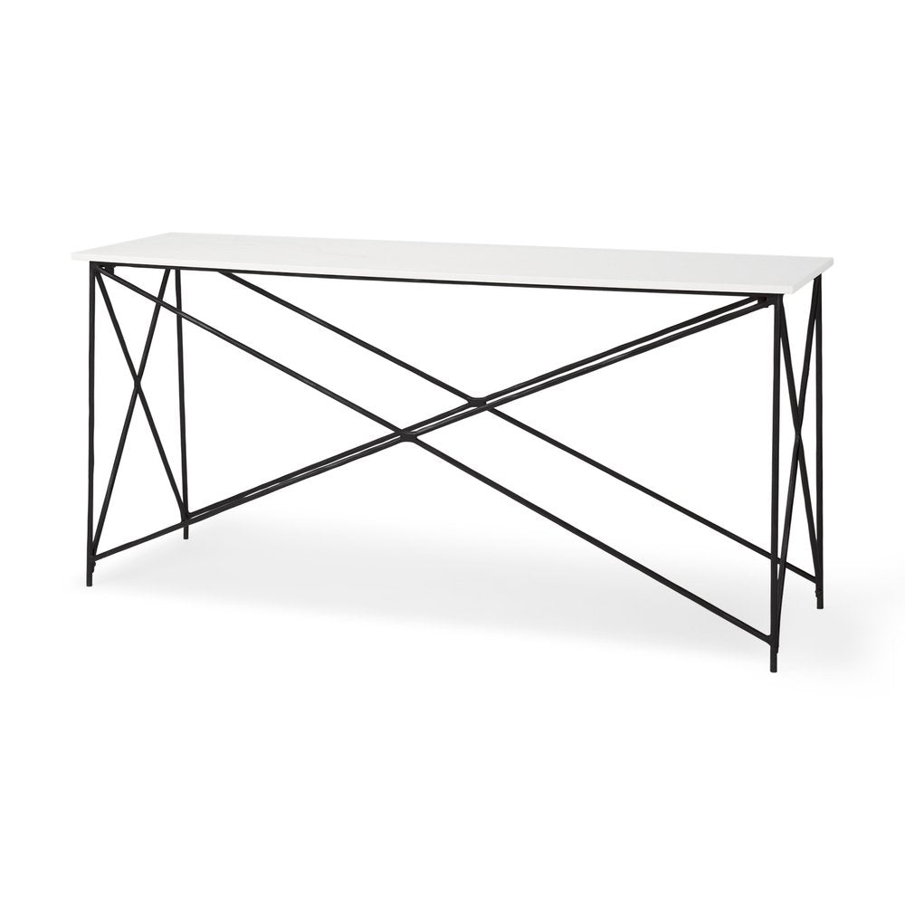59" White and Black Genuine Marble and Metal Console Table