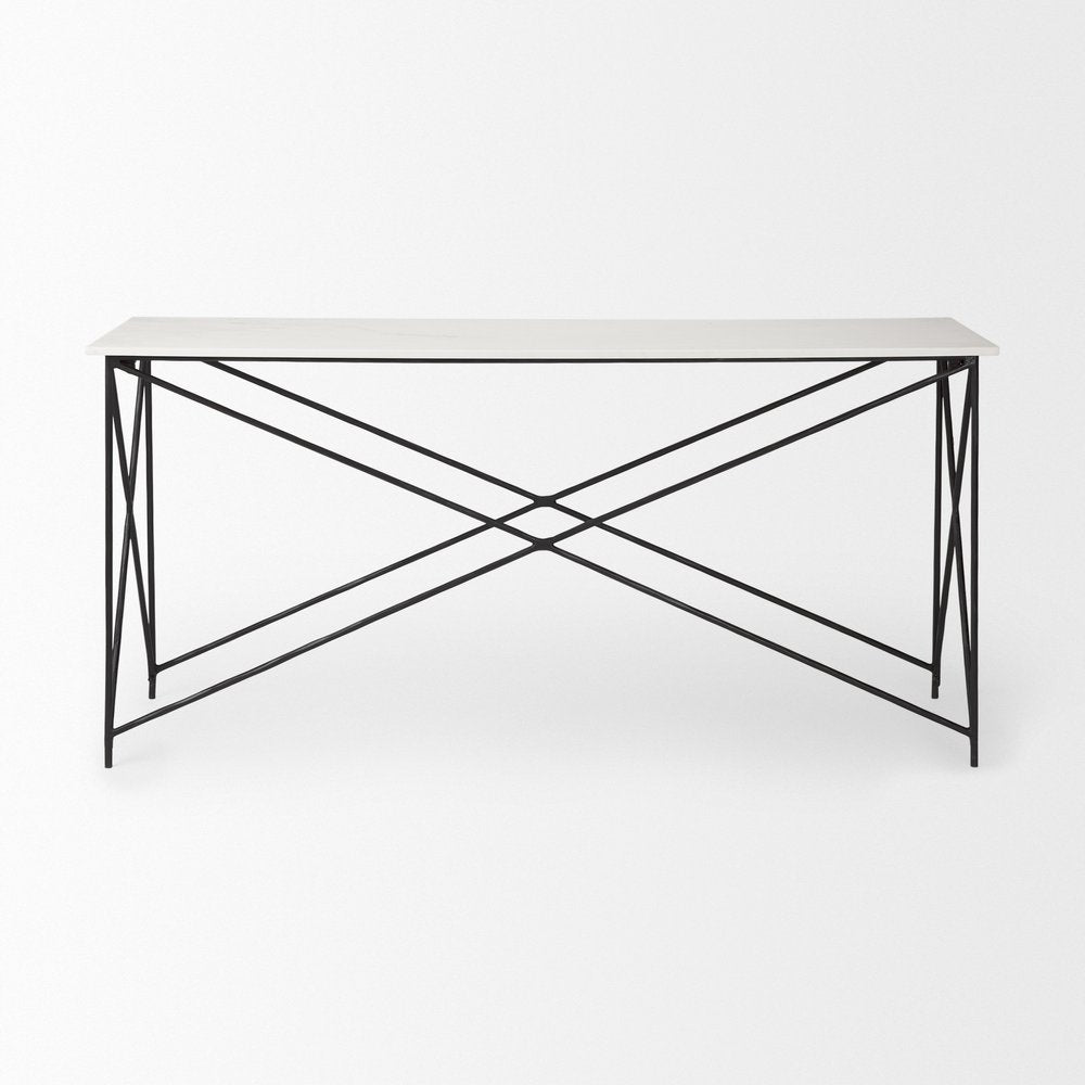 59" White and Black Genuine Marble and Metal Console Table