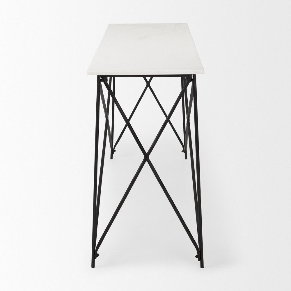 59" White and Black Genuine Marble and Metal Console Table