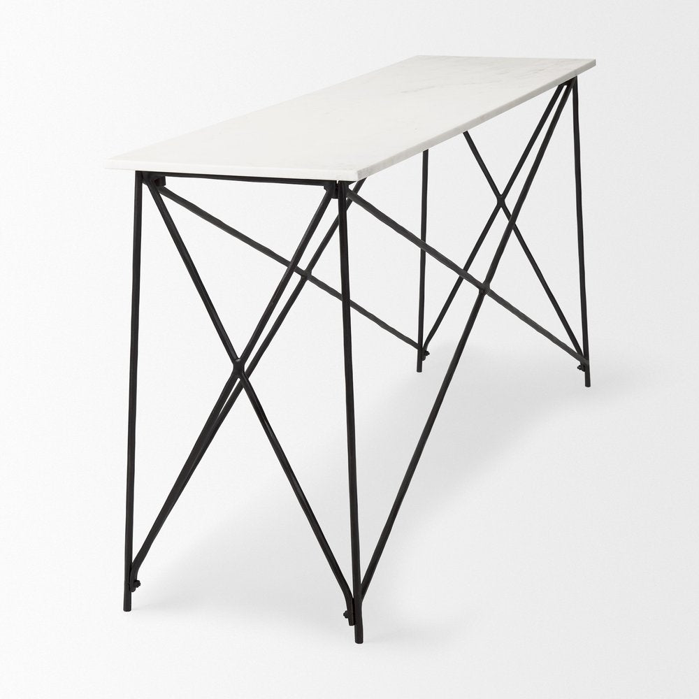59" White and Black Genuine Marble and Metal Console Table