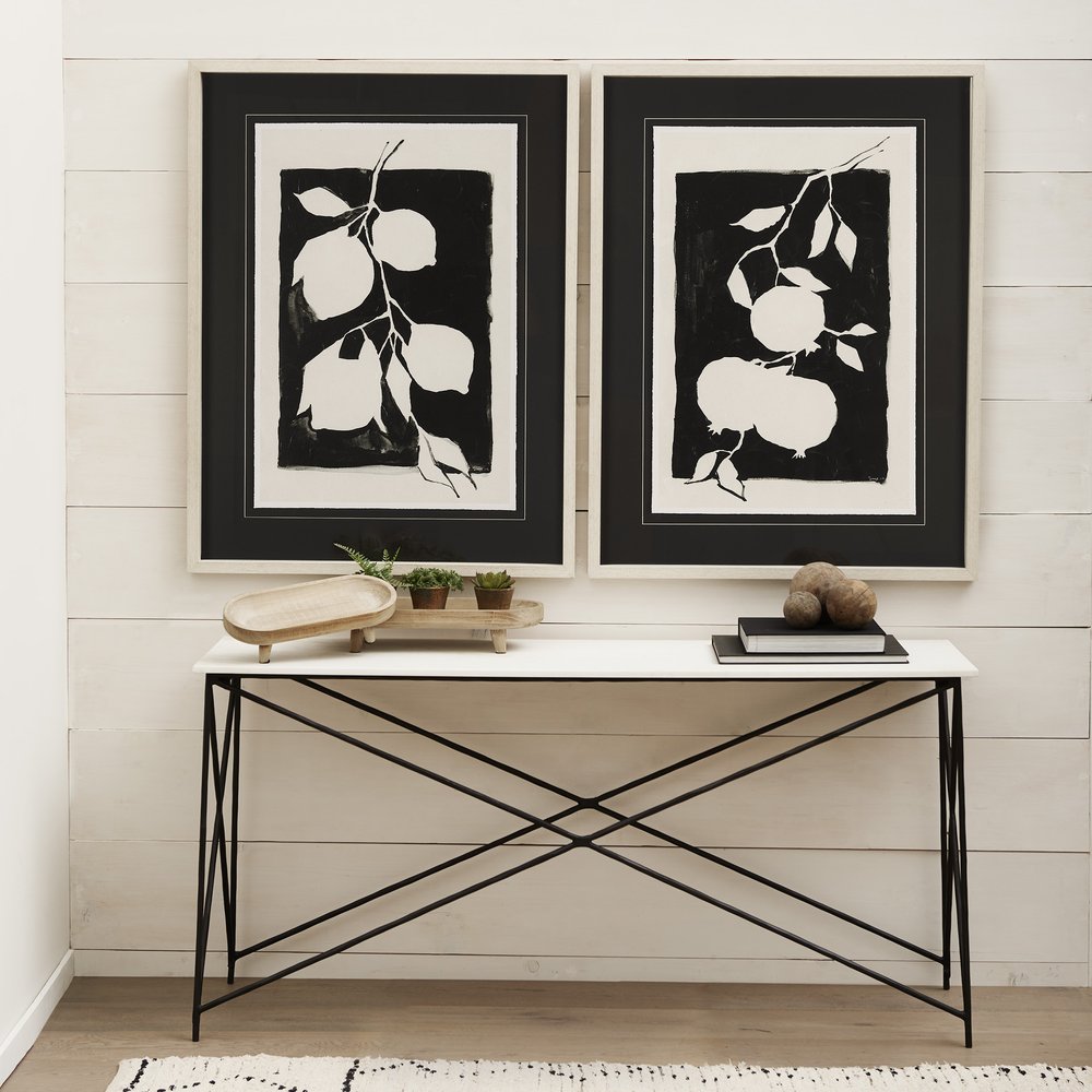 59" White and Black Genuine Marble and Metal Console Table