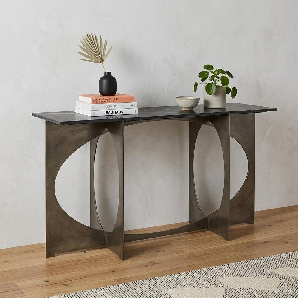 60" Black and Nickel Genuine Marble and Metal Frame Console Table