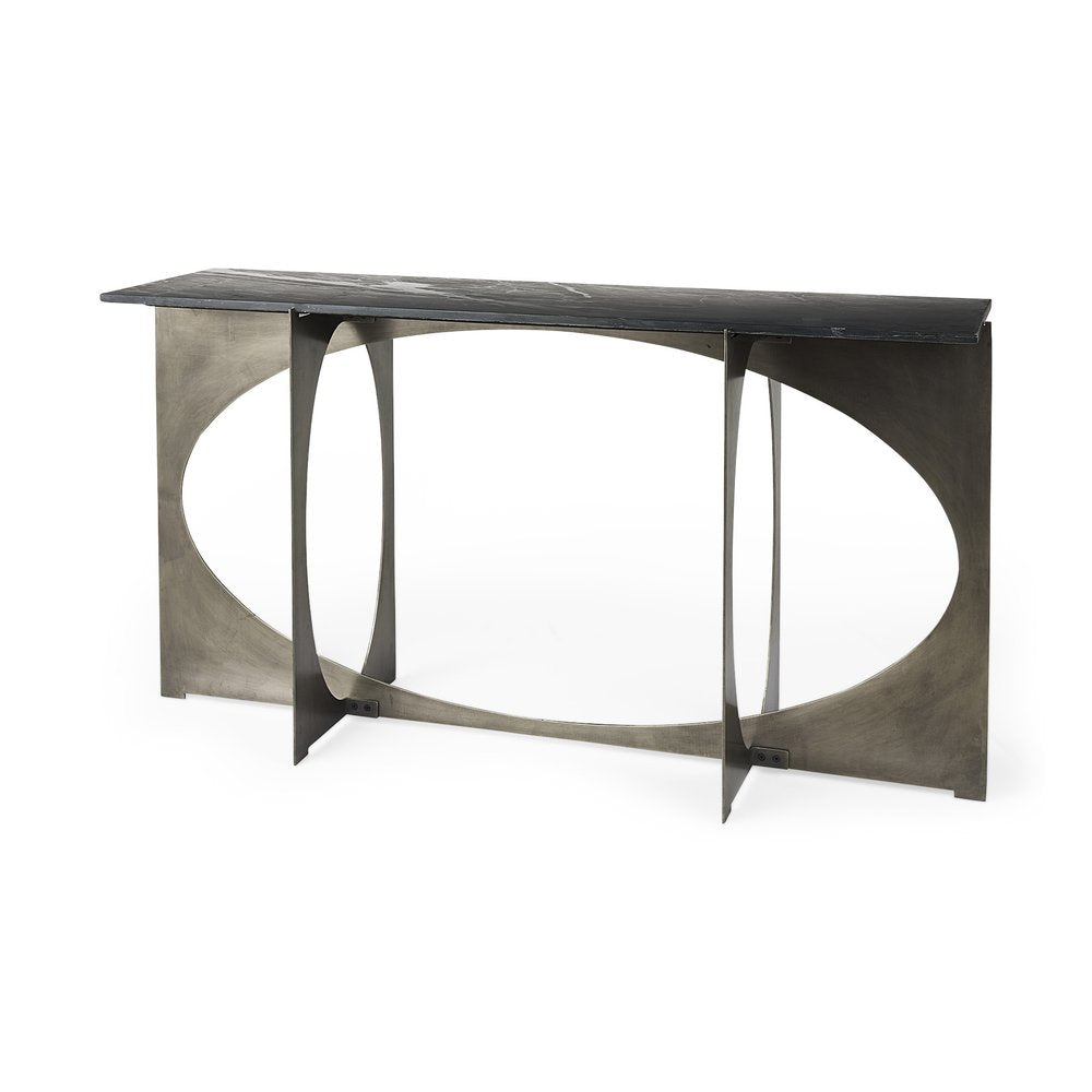 60" Black and Nickel Genuine Marble and Metal Frame Console Table