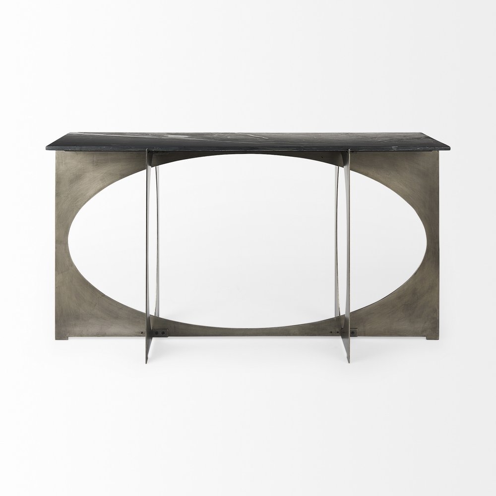 60" Black and Nickel Genuine Marble and Metal Frame Console Table