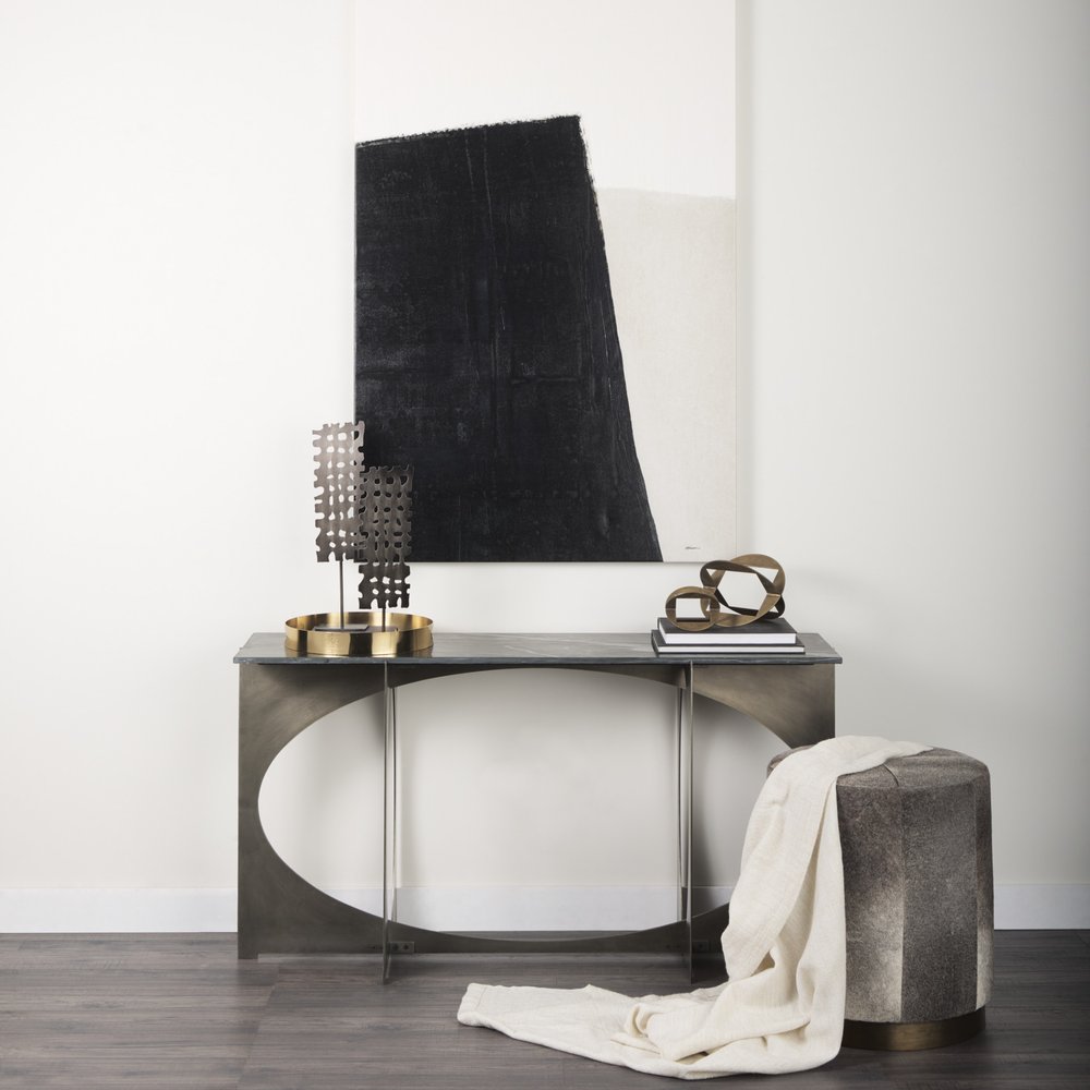 60" Black and Nickel Genuine Marble and Metal Frame Console Table