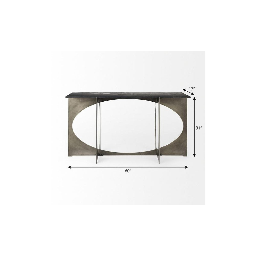 60" Black and Nickel Genuine Marble and Metal Frame Console Table