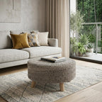 30" Dark Gray and Brown Wool Round Footstool