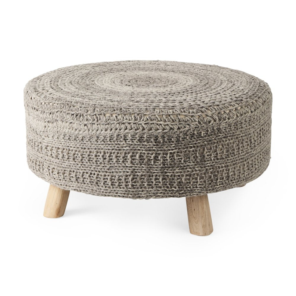 30" Dark Gray and Brown Wool Round Footstool