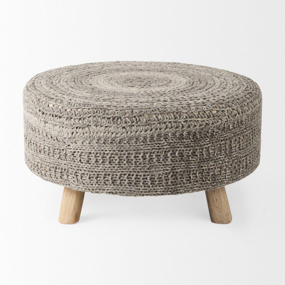 30" Dark Gray and Brown Wool Round Footstool
