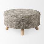 30" Dark Gray and Brown Wool Round Footstool