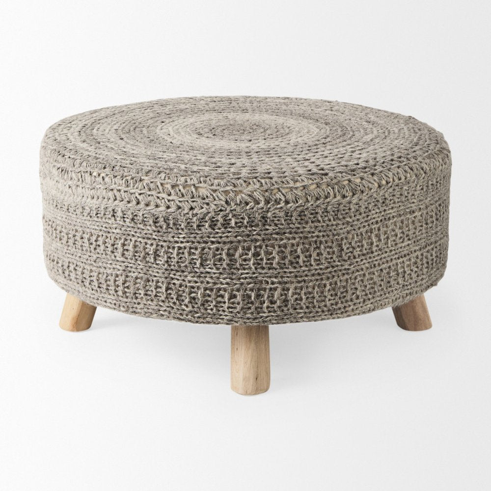 30" Dark Gray and Brown Wool Round Footstool