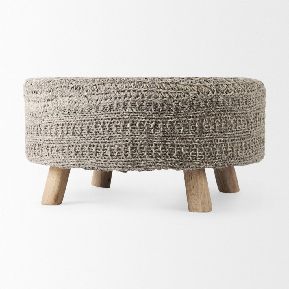 30" Dark Gray and Brown Wool Round Footstool