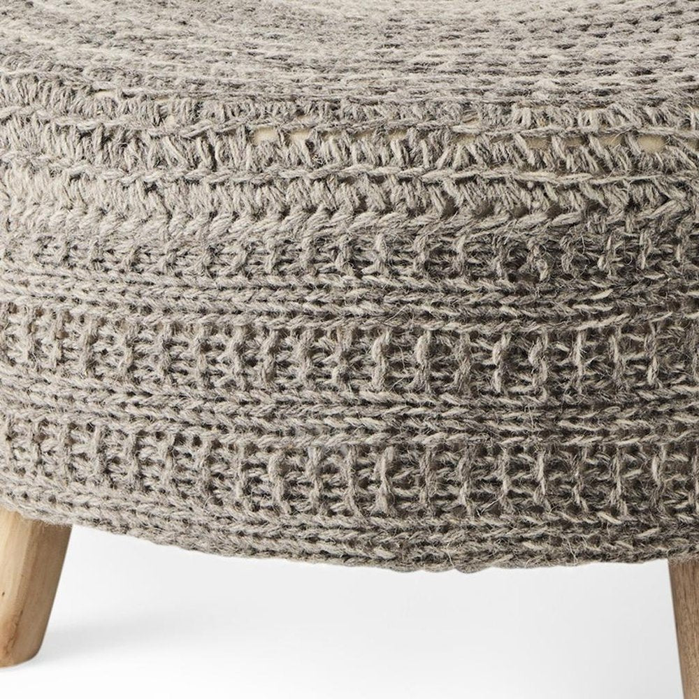 30" Dark Gray and Brown Wool Round Footstool