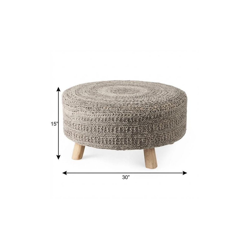 30" Dark Gray and Brown Wool Round Footstool