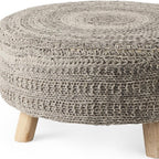 30" Dark Gray and Brown Wool Round Footstool
