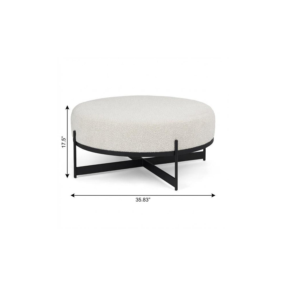 36" Cream and Black Fabric Round Pouf Ottoman