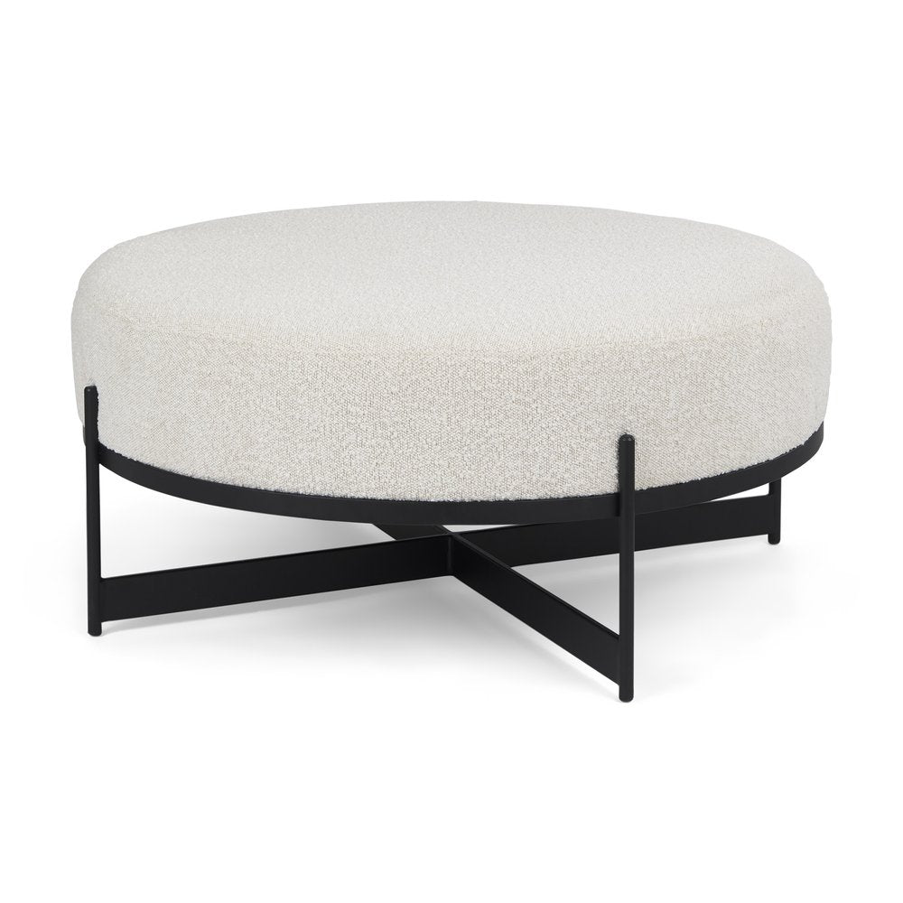 21" Cream and Black Boucle And Metal Round Pouf Ottoman