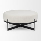 21" Cream and Black Boucle And Metal Round Pouf Ottoman