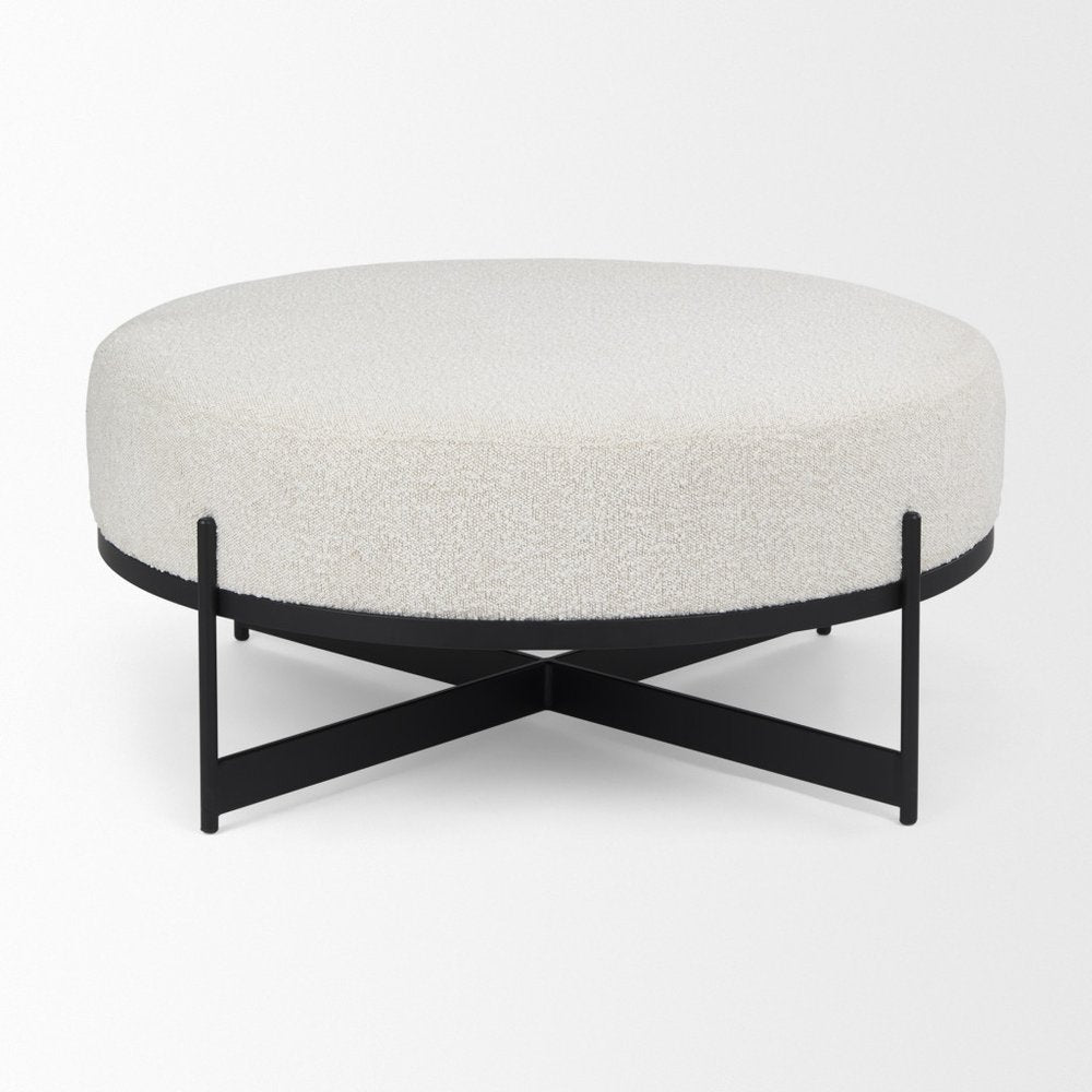 21" Cream and Black Boucle And Metal Round Pouf Ottoman