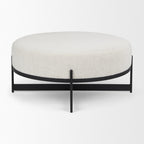 21" Cream and Black Boucle And Metal Round Pouf Ottoman