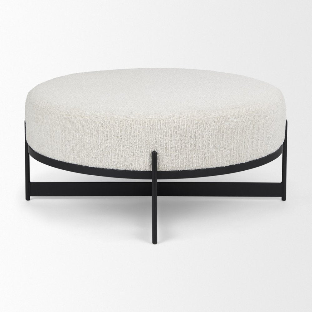 21" Cream and Black Boucle And Metal Round Pouf Ottoman
