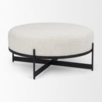 21" Cream and Black Boucle And Metal Round Pouf Ottoman