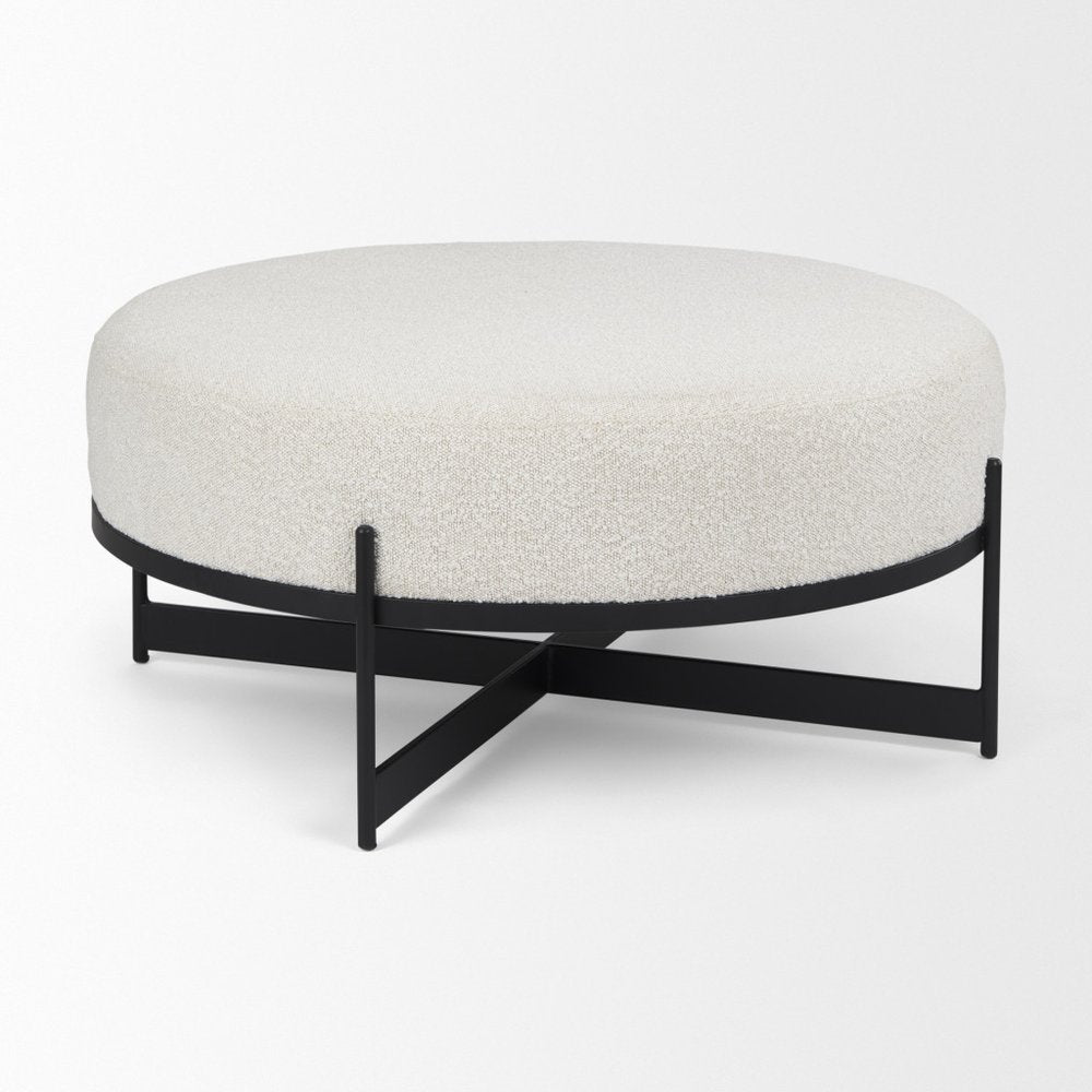 21" Cream and Black Boucle And Metal Round Pouf Ottoman