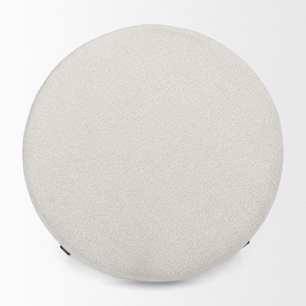 21" Cream and Black Boucle And Metal Round Pouf Ottoman