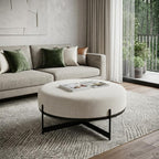 21" Cream and Black Boucle And Metal Round Pouf Ottoman