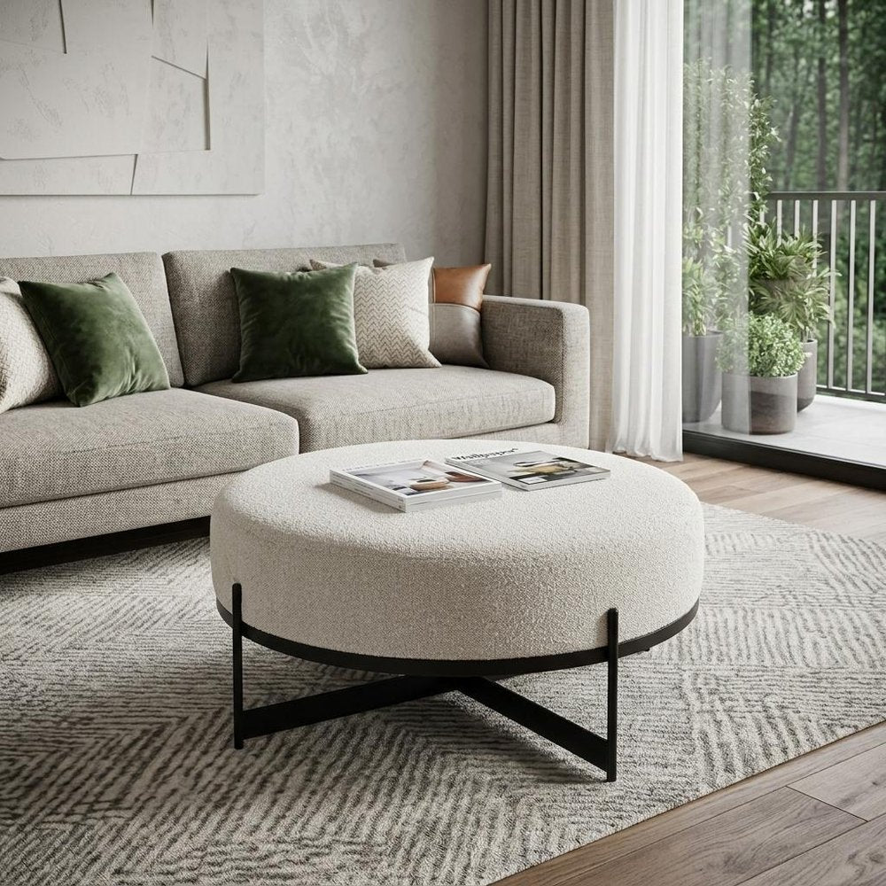 21" Cream and Black Boucle And Metal Round Pouf Ottoman