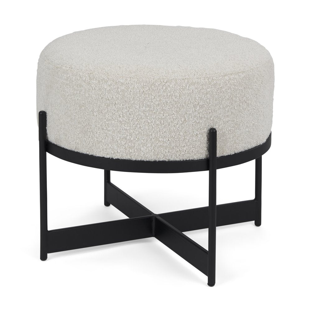21" Cream and Black Boucle And Metal Round Pouf Ottoman