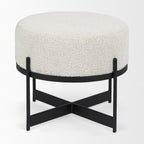 21" Cream and Black Boucle And Metal Round Pouf Ottoman