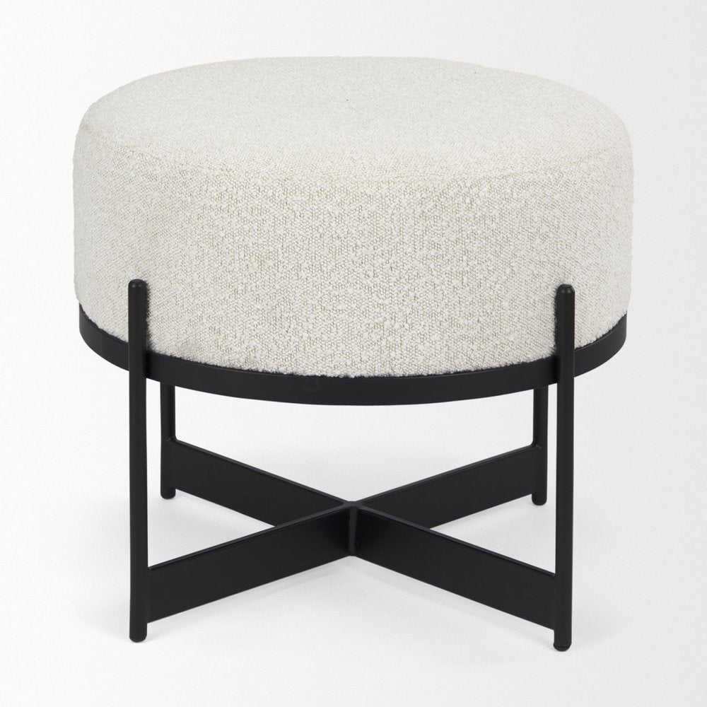 21" Cream and Black Boucle And Metal Round Pouf Ottoman