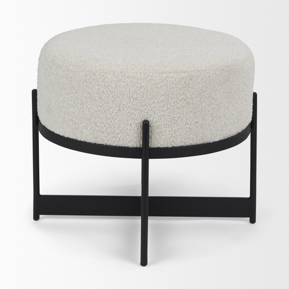 21" Cream and Black Boucle And Metal Round Pouf Ottoman