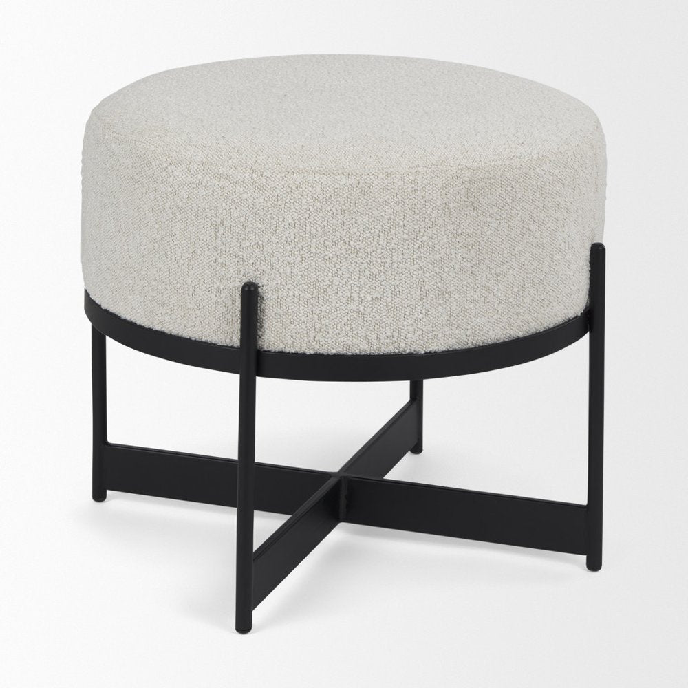 21" Cream and Black Boucle And Metal Round Pouf Ottoman