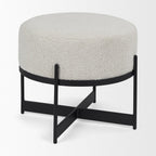 21" Cream and Black Boucle And Metal Round Pouf Ottoman