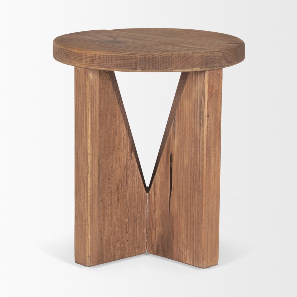 16" Brown Solid Wood Round Pouf Ottoman