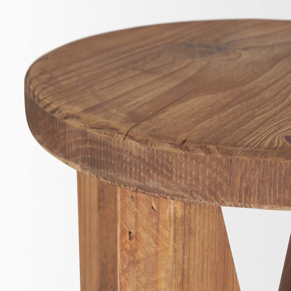 16" Brown Solid Wood Round Pouf Ottoman