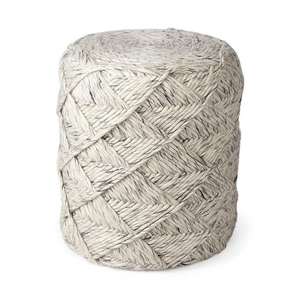 16" Beige and Gray Wool Chevron Round Pouf Ottoman