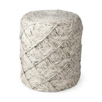 16" Beige and Gray Wool Chevron Round Pouf Ottoman