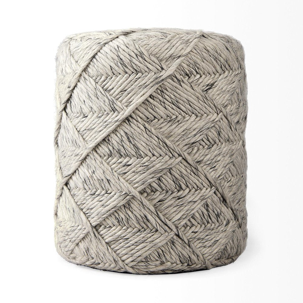 16" Beige and Gray Wool Chevron Round Pouf Ottoman