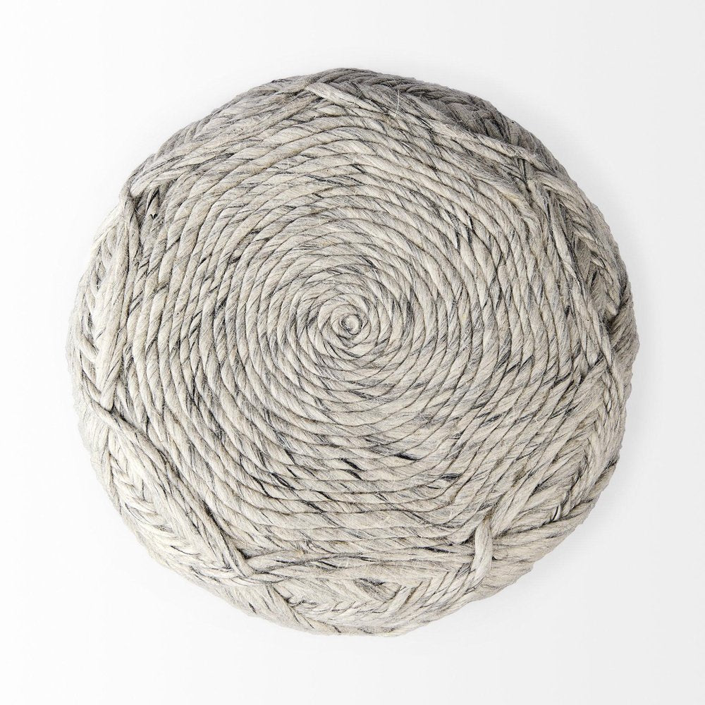 16" Beige and Gray Wool Chevron Round Pouf Ottoman