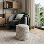 16" Beige and Gray Wool Chevron Round Pouf Ottoman