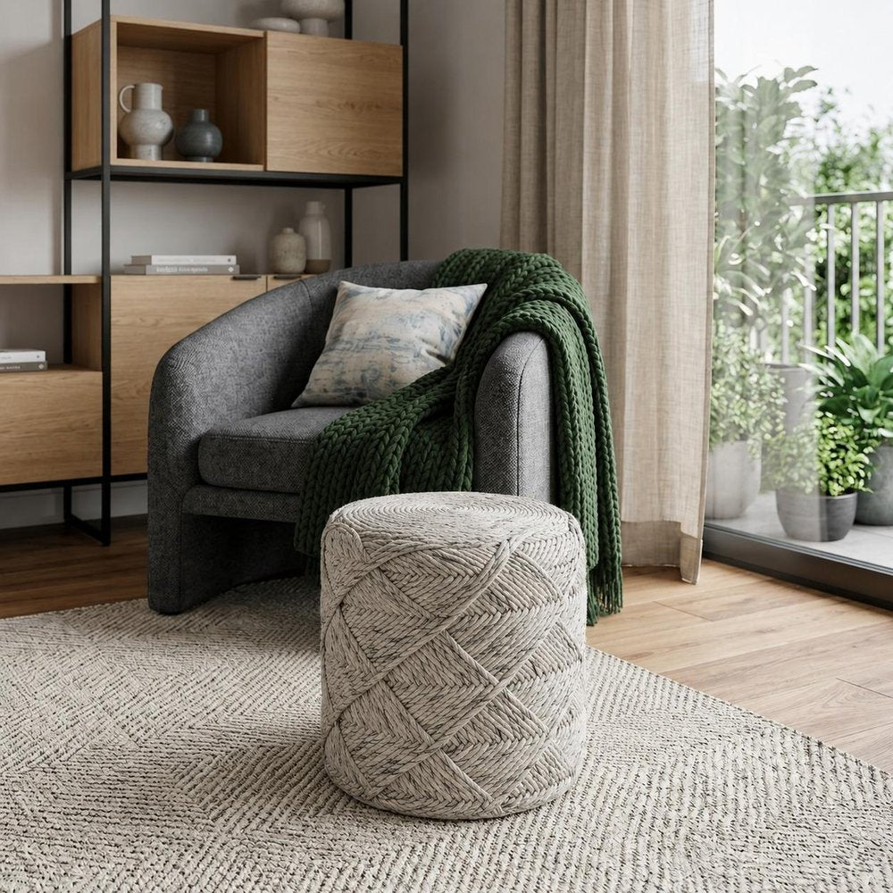 16" Beige and Gray Wool Chevron Round Pouf Ottoman