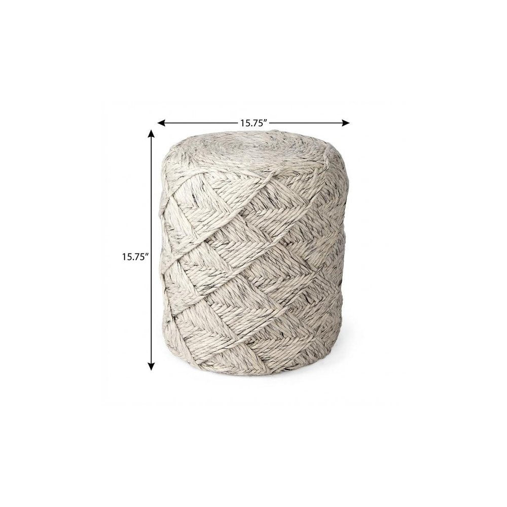 16" Beige and Gray Wool Chevron Round Pouf Ottoman