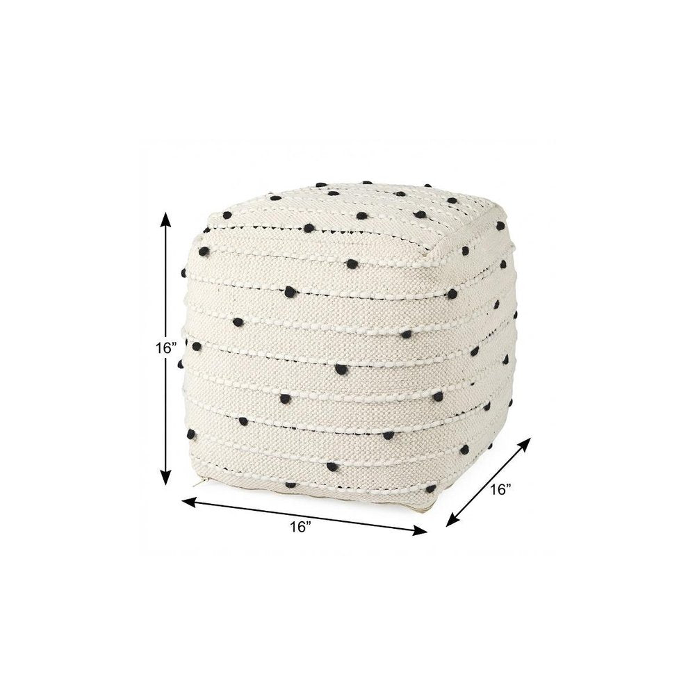 16" Black Cream and White Cotton and Wool Polka Dots Pouf Ottoman