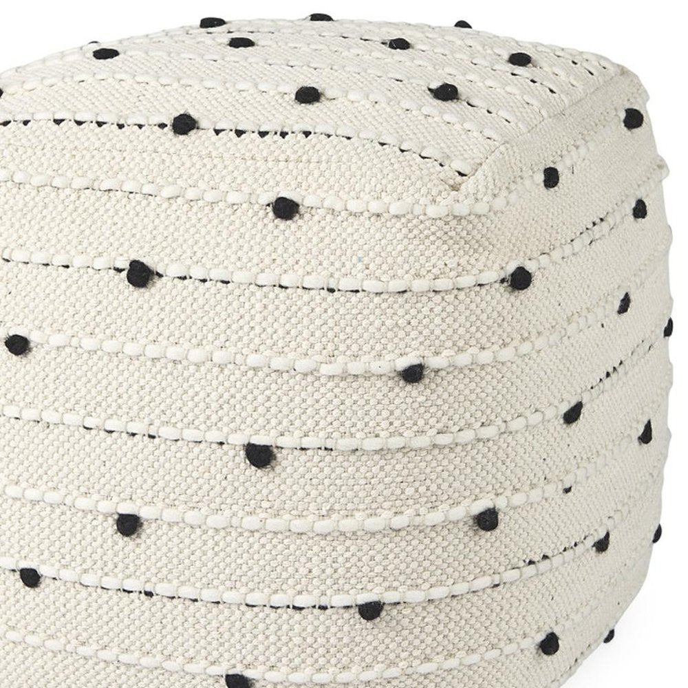 16" Black Cream and White Cotton and Wool Polka Dots Pouf Ottoman