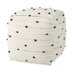 16" Black Cream and White Cotton and Wool Polka Dots Pouf Ottoman