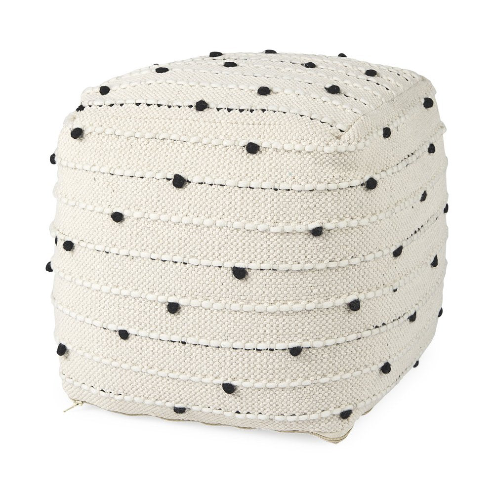 16" Black Cream and White Cotton and Wool Polka Dots Pouf Ottoman